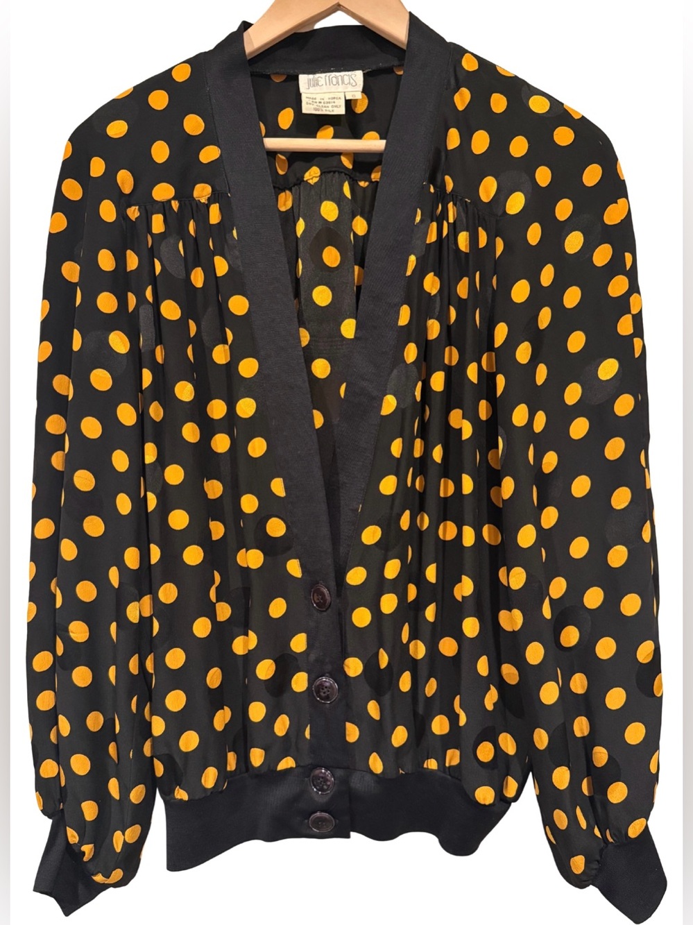 Julie Francis 100% Silk Vintage 80s Cardigan Polka Dot 6 Retro Black Mustard